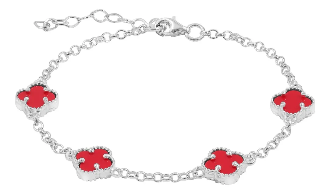 Pulsera de plata .925 rojo 5 treboles ajustable — Joyaris