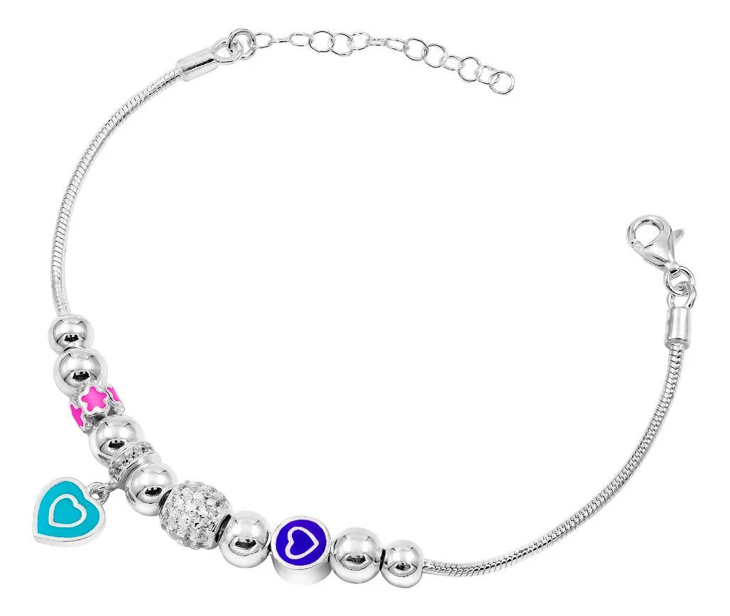 Pulsera Plata 925 Cadena Serpiente con Charms Corazones Zirconia Ajustable - Imagen 1