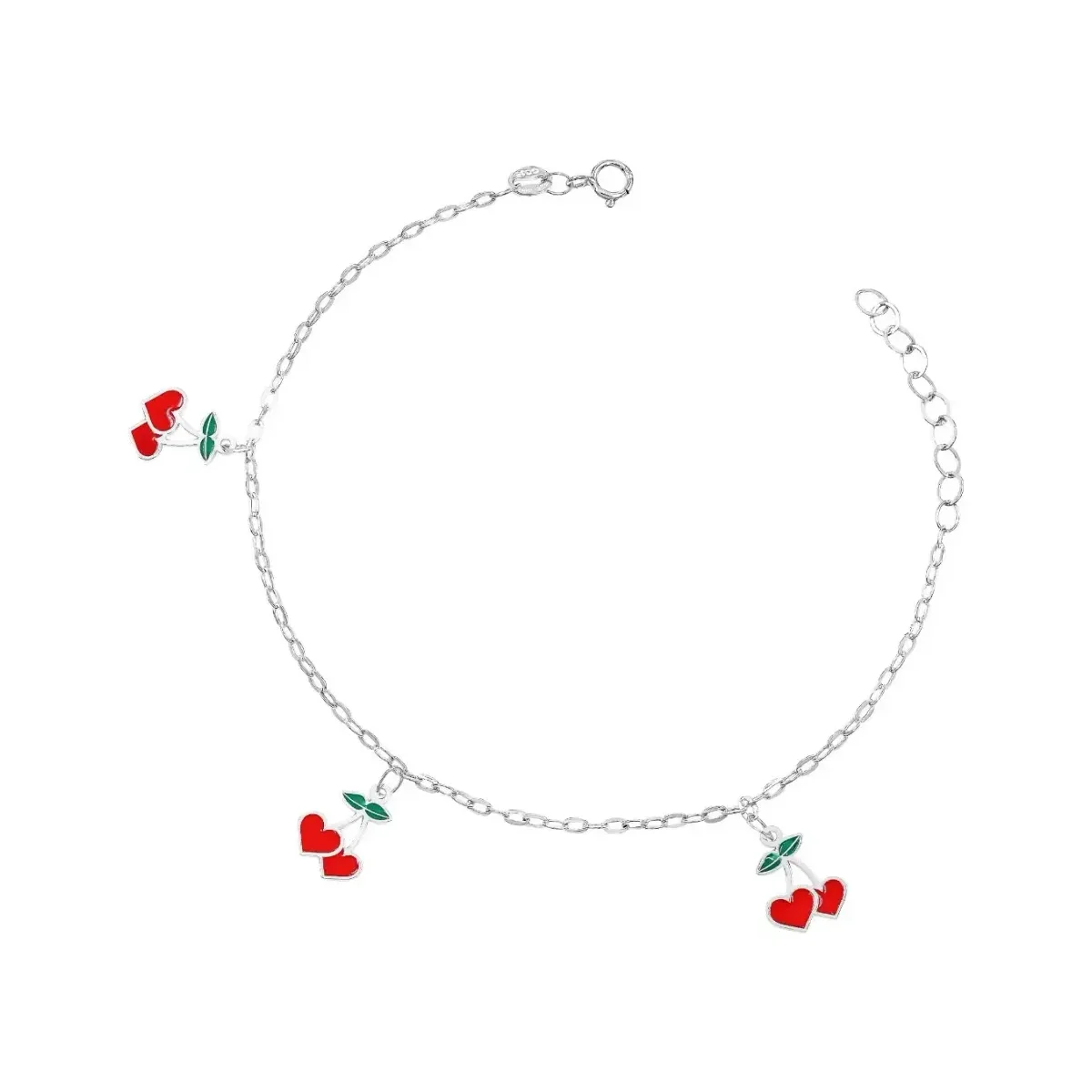 Pulsera de eslabones Plata .925 Nacional con charms de cereza y corazón esmaltados rojos, joya de autor con broche reasa.