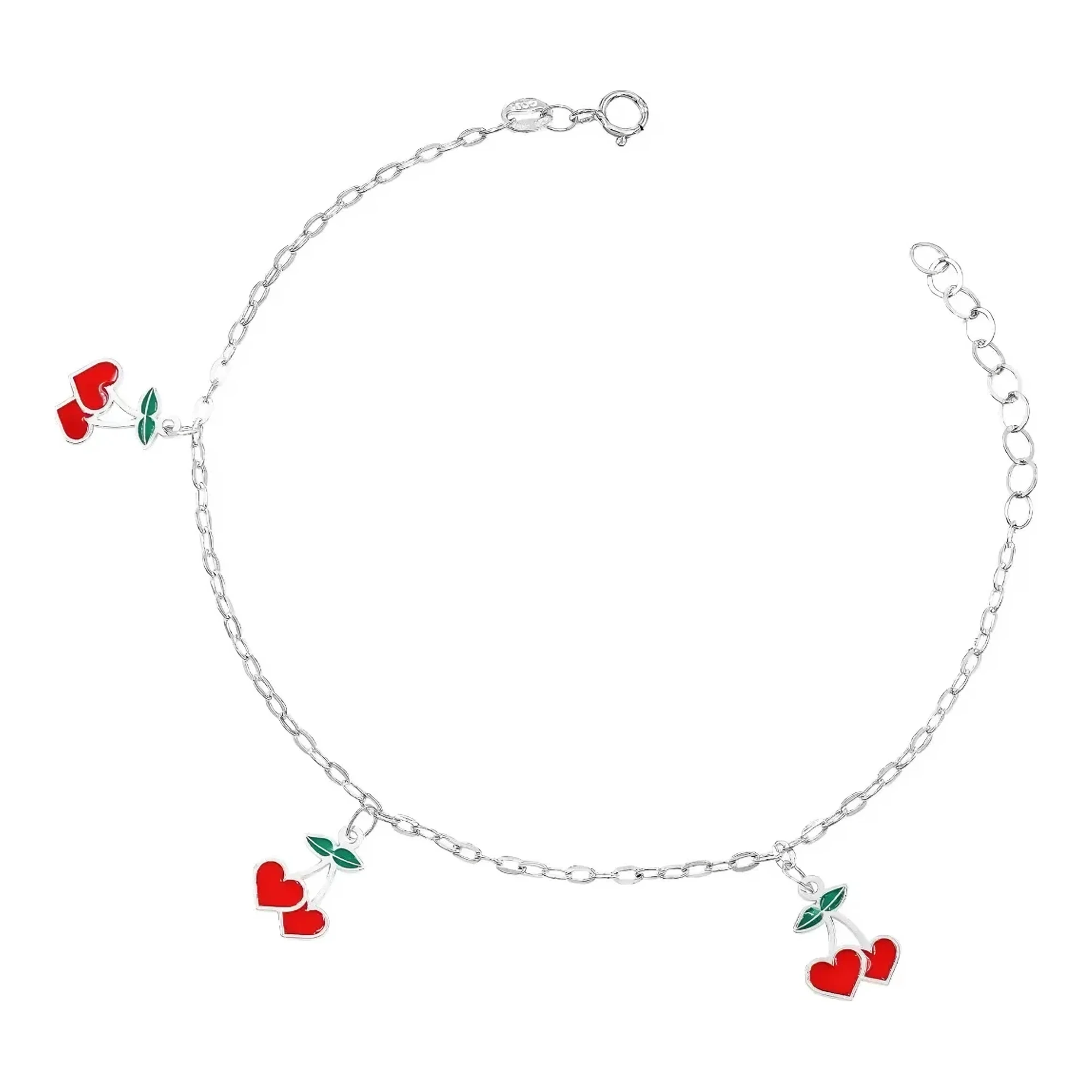Pulsera de cereza plata 925 con dije de corazón esmaltado rojo, broche de reasa y acabado liso en joyería mexicana mujer