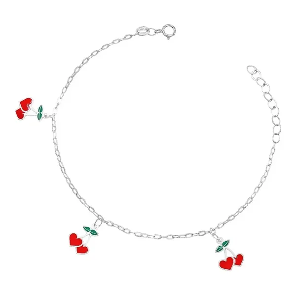 Pulsera Plata 925 Ajustable Charms Cereza y Corazón Esmaltados Rojos - Imagen 1