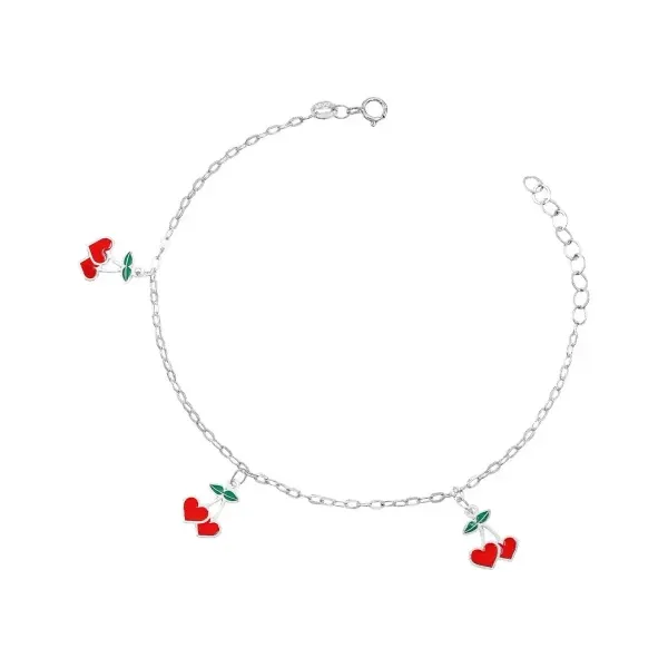 Pulsera Plata 925 Ajustable Charms Cereza y Corazón Esmaltados Rojos - Imagen 1