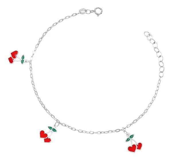 Pulsera Plata 925 Ajustable Charms Cereza y Corazón Esmaltados Rojos - Imagen 1