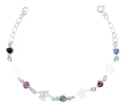 Pulsera Plata 925 Colibrí Ojo Turco Multicolor Ajustable - Imagen 1