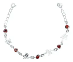 Pulsera Plata Ley .925 Colibrí y Ojo Turco Rojo Ajustable - Imagen 1