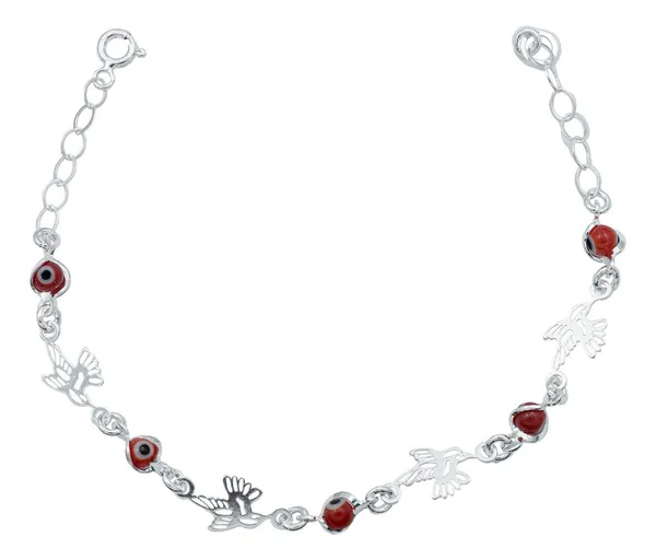 Pulsera Plata Ley .925 Colibrí y Ojo Turco Rojo Ajustable - Imagen 1