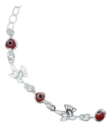 Pulsera Plata Ley .925 Colibrí y Ojo Turco Rojo Ajustable - Imagen 2