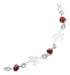 Pulsera Plata Ley .925 Colibrí y Ojo Turco Rojo Ajustable - Imagen 3