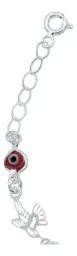 Pulsera Plata Ley .925 Colibrí y Ojo Turco Rojo Ajustable - Imagen 5