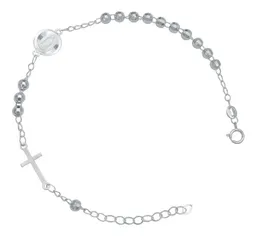 Pulsera Plata 925 Ajustable Diseño Cruz Virgen con Bola Diamantada - Imagen 1
