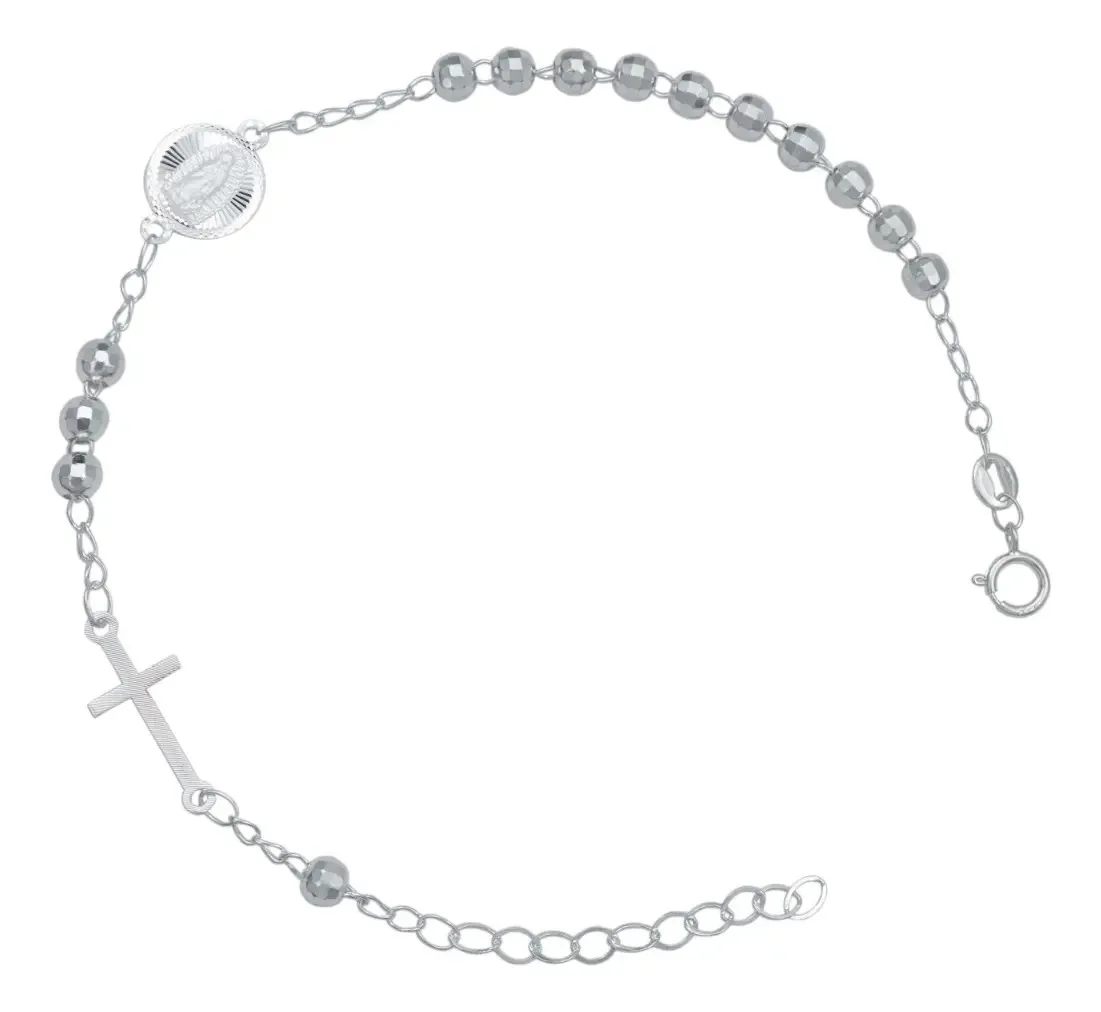 Pulsera Plata 925 ajustable, diseño Cruz Virgen con bola diamantada. Joya religiosa, minimalista y moderna para mujer.