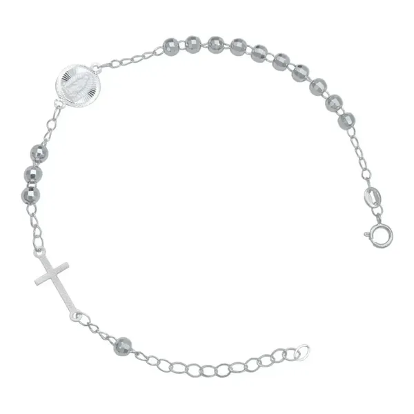 Pulsera Plata 925 Ajustable Diseño Cruz Virgen con Bola Diamantada - Imagen 1