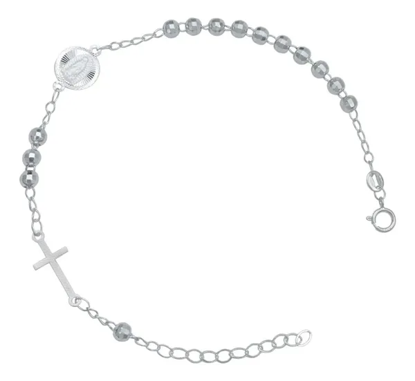 Pulsera Plata 925 Ajustable Diseño Cruz Virgen con Bola Diamantada - Imagen 1