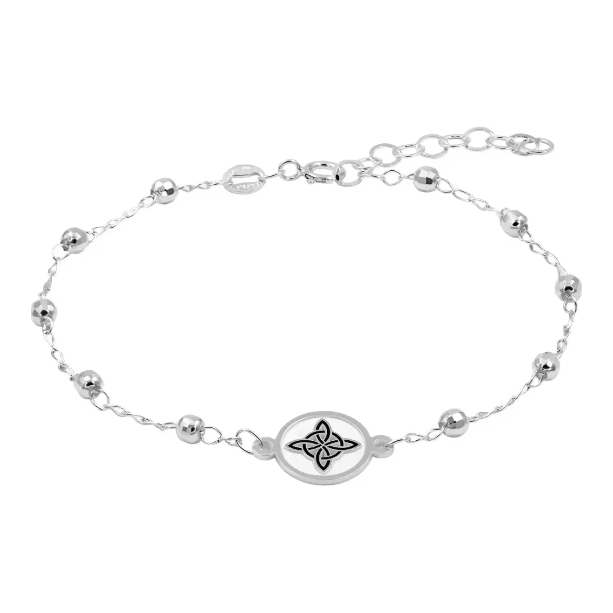 Pulsera de proteccion mujer plata ley .925 con dije nudo de bruja esmaltado acabado liso brillante y broche de reasa seguro