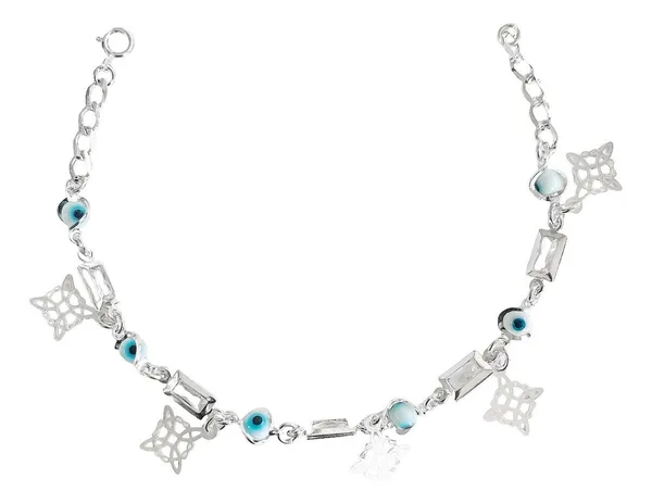 Pulsera Plata 925 Nudo Bruja Ojo Turco con Piedras Blancas Ajustable - Imagen 1