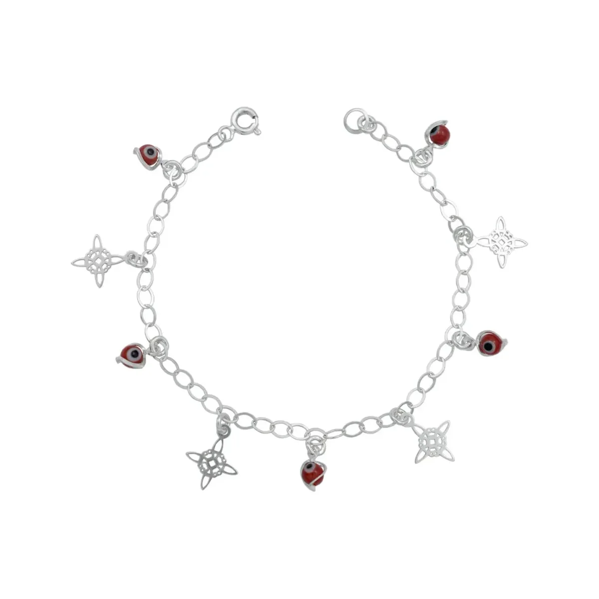 Pulsera de Plata .925 ajustable para mujer, con Nudo de Bruja y Ojo Turco Rojo. Joyería mística de protección y suerte, amule