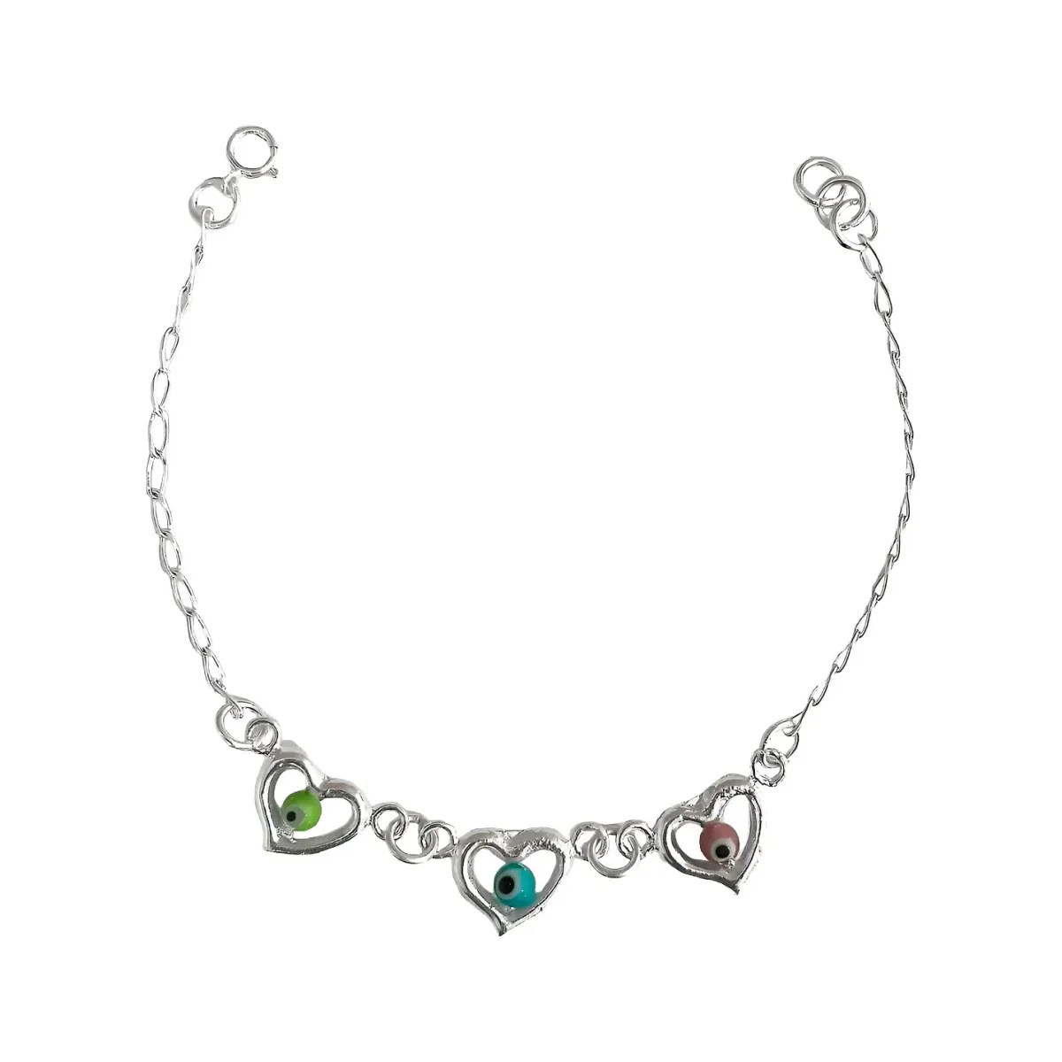Pulsera ajustable de Plata .925 nacional con diseño moderno de corazón y amuleto ojo turco multicolor, joyería esotérica de p