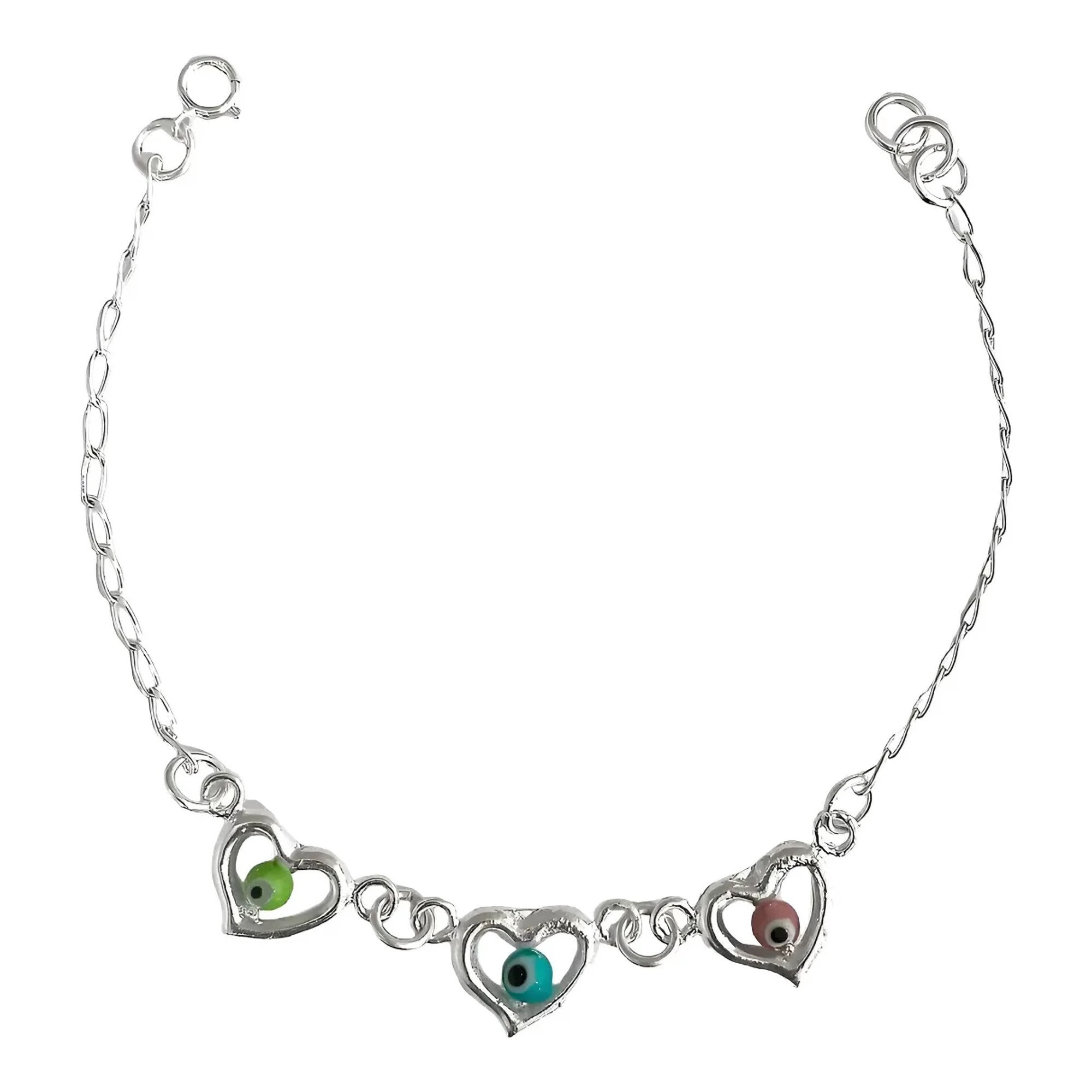 Pulsera mal de ojo plata 925 mexicana con corazón ojo turco multicolor acabado liso y broche de perico ajustable para mujer