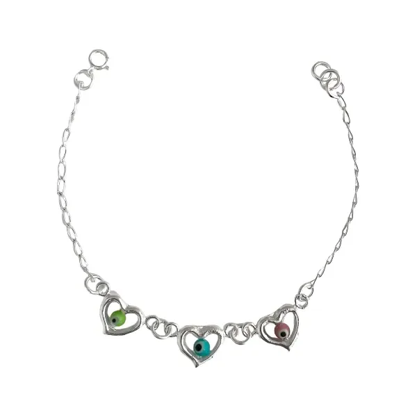 Pulsera de plata .925 multicolor con tres corazones y ojos turcos diseno ajustable — Joyaris