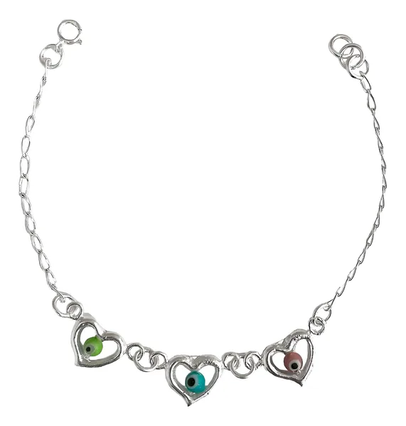 Pulsera de plata .925 multicolor con tres corazones y ojos turcos diseno ajustable — Joyaris