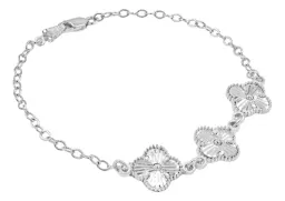 Pulsera Plata 925 Dije Trébol Facetado Cadena Barbada para Mujer - Imagen 2