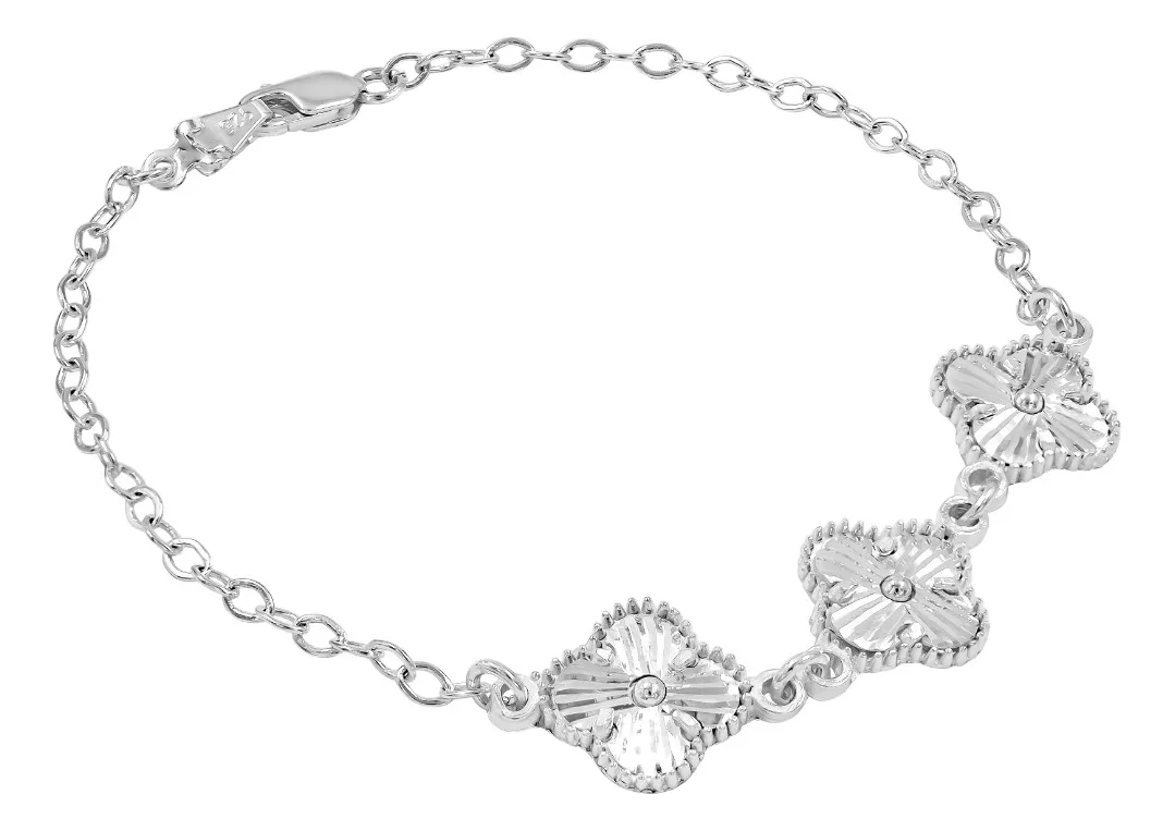 Pulsera Plata 925 Dije Trébol Facetado Cadena Barbada para Mujer - Imagen 1