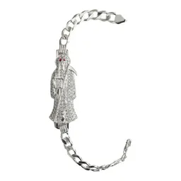 Pulsera Cadena Cubana Plata 925 Santa Muerte Tono Fucsia Hombre 20cm - Imagen 1