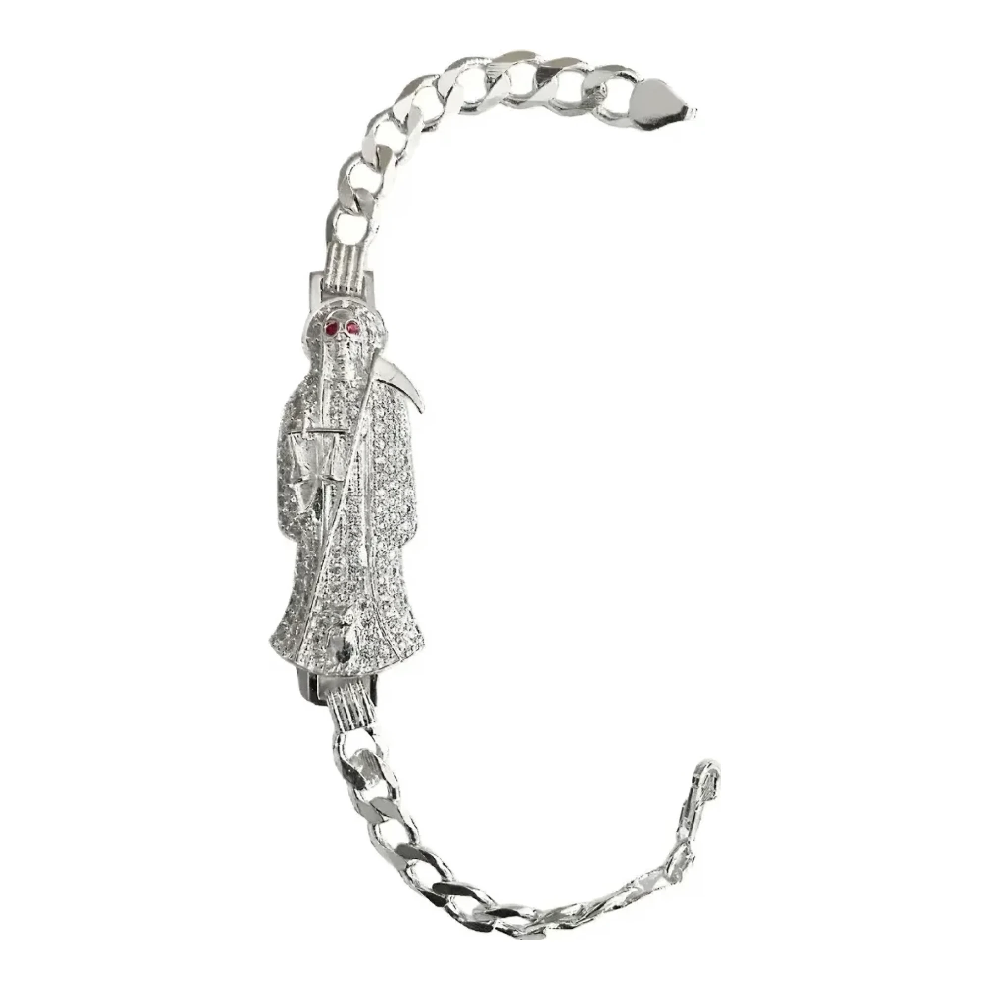 Esclava santa muerte plata 925 eslabón cubano para hombre placa fucsia con zirconia y broche de perico joyería artesanal