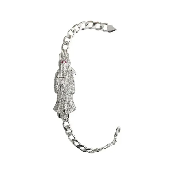 Pulsera Cadena Cubana Plata 925 Santa Muerte Tono Fucsia Hombre 20cm - Imagen 1