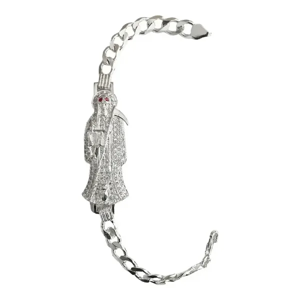 Pulsera Cadena Cubana Plata 925 Santa Muerte Tono Fucsia Hombre 20cm - Imagen 1