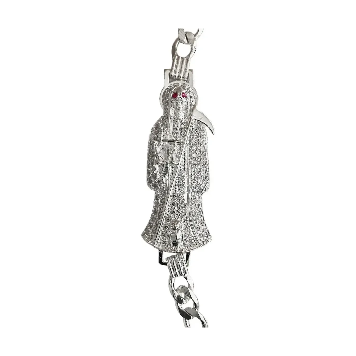 Pulsera Cadena Cubana Plata 925 Santa Muerte Tono Fucsia Hombre 20cm - Imagen 2