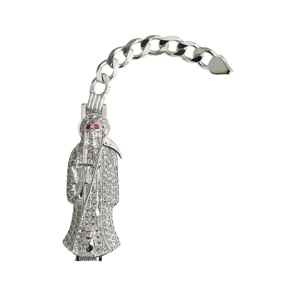 Pulsera Cadena Cubana Plata 925 Santa Muerte Tono Fucsia Hombre 20cm - Imagen 3