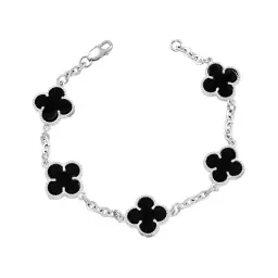 Pulsera Plata .925 Cinco Tréboles Esmalte Negro - Imagen 1