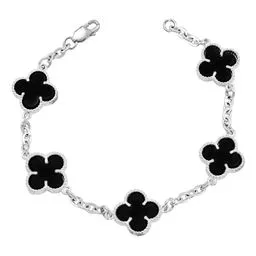 Pulsera Plata .925 Cinco Tréboles Esmalte Negro - Imagen 1