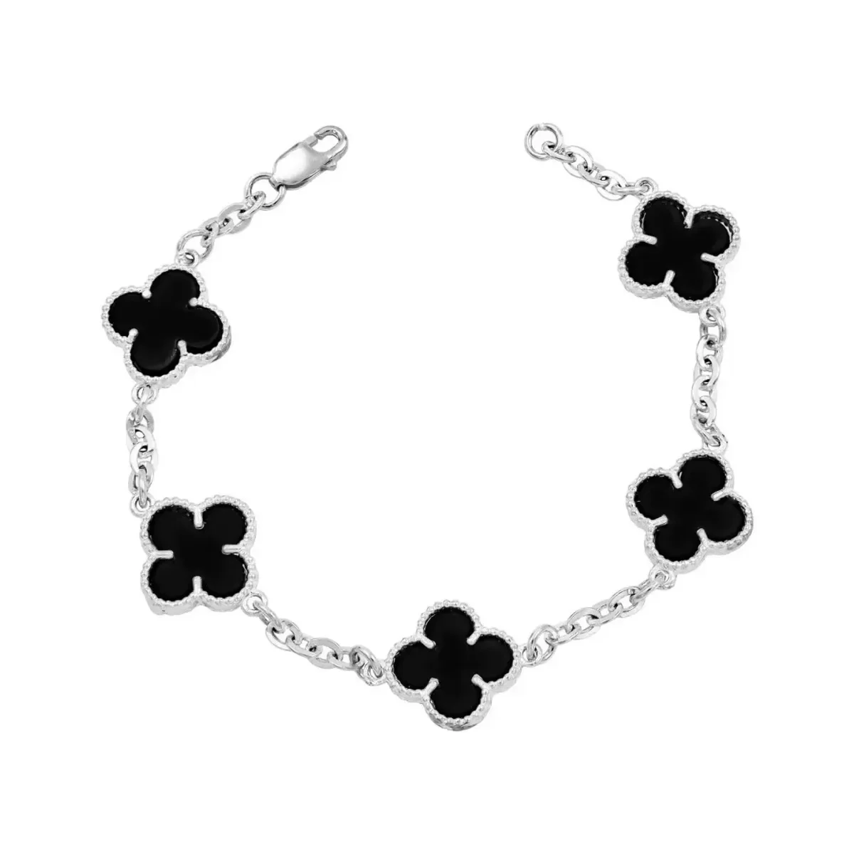 Pulsera de Plata .925 Nacional con cinco tréboles esmaltados negros. Joyería artesanal mexicana para mujer, amuleto de buena