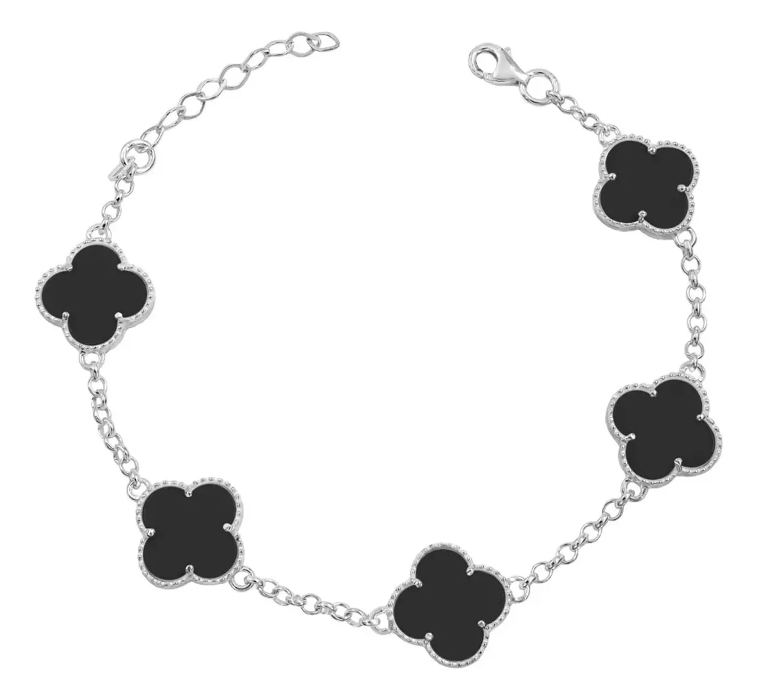 Pulsera de Plata .925 con trébol negro de cinco hojas, amuleto de suerte y protección. Joyería de fortuna, diseño delicado y