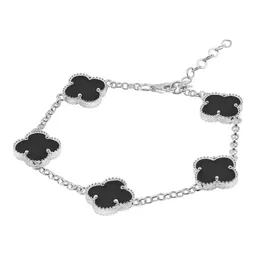 Pulsera Plata 925 Trébol Negro Cinco Hojas Ajustable - Imagen 2