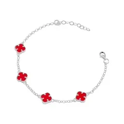 Pulsera de Plata 925 con Cinco Tréboles Rojos Amuleto de Suerte Unisex - Imagen 1
