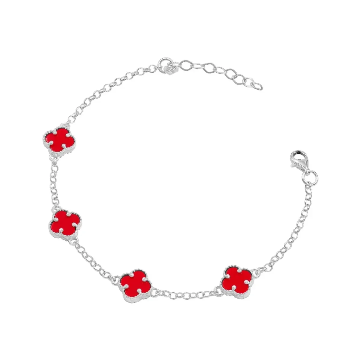 Pulsera de Plata .925 nacional con cinco tréboles rojos esmaltados, diseño amuleto de suerte. Joyería mexicana artesanal unis