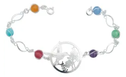 Pulsera Plata .925 Colibrí y Flores con Cuarzo Multicolor - Imagen 1