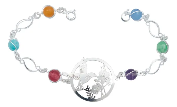 Pulsera de plata .925 multicolor cuarzo colibri flores diseno — Joyaris
