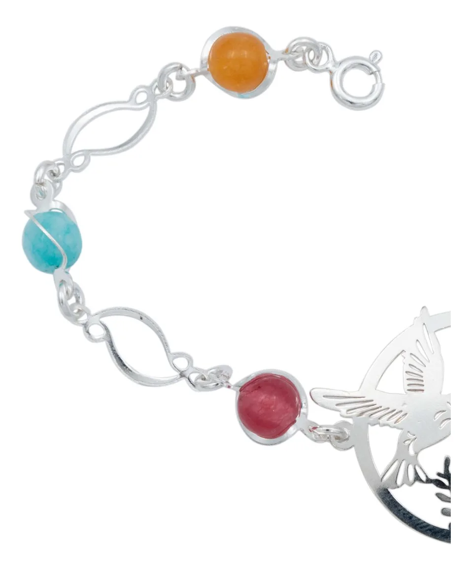 Pulsera de plata .925 multicolor cuarzo colibri flores diseno — Joyaris