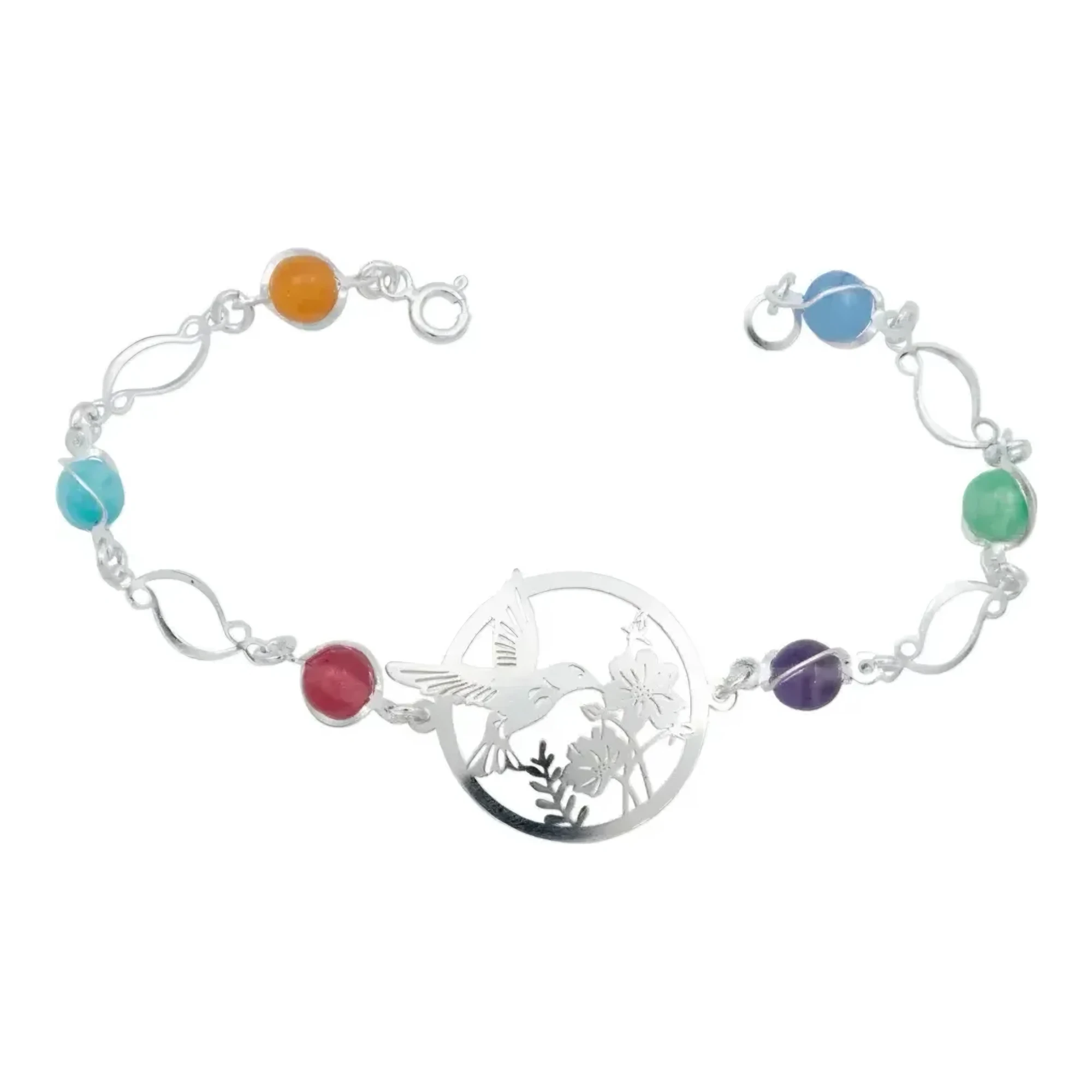 Pulsera colibrí plata .925 nacional para mujer con dije de flores liso de 24 mm y piedras de cuarzo multicolor brillante