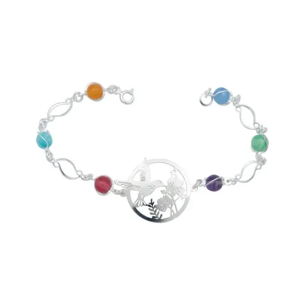 Pulsera de plata .925 multicolor cuarzo colibri flores diseno — Joyaris