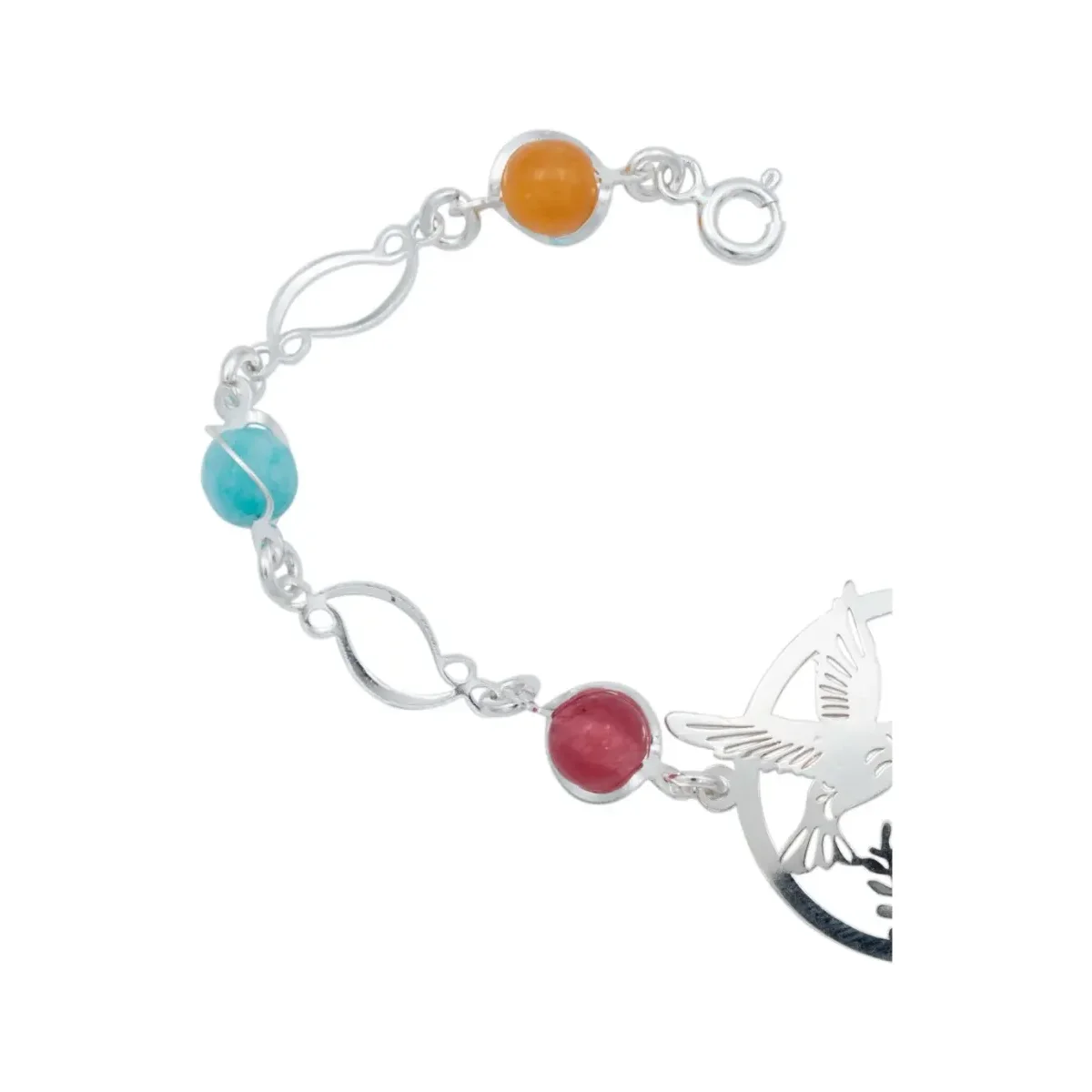 Pulsera Plata .925 Colibrí y Flores con Cuarzo Multicolor - Imagen 2
