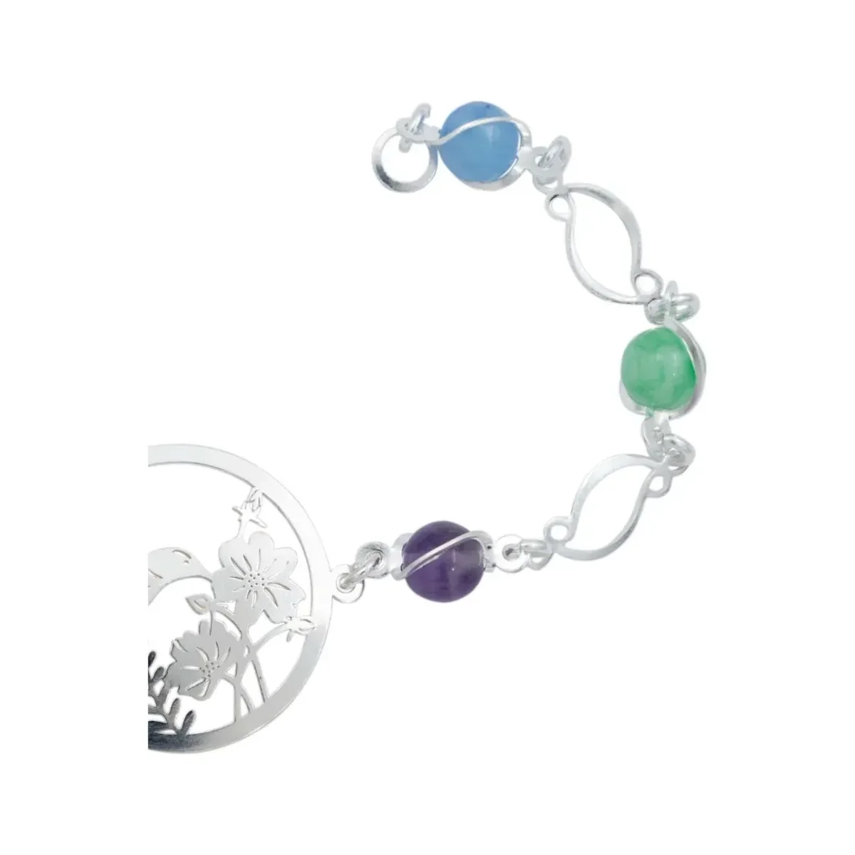 Pulsera Plata .925 Colibrí y Flores con Cuarzo Multicolor - Imagen 3