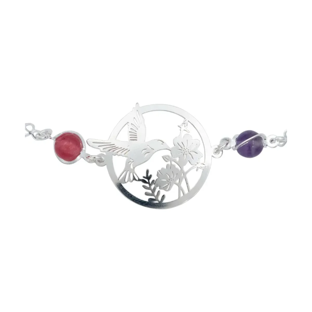 Pulsera Plata .925 Colibrí y Flores con Cuarzo Multicolor - Imagen 4