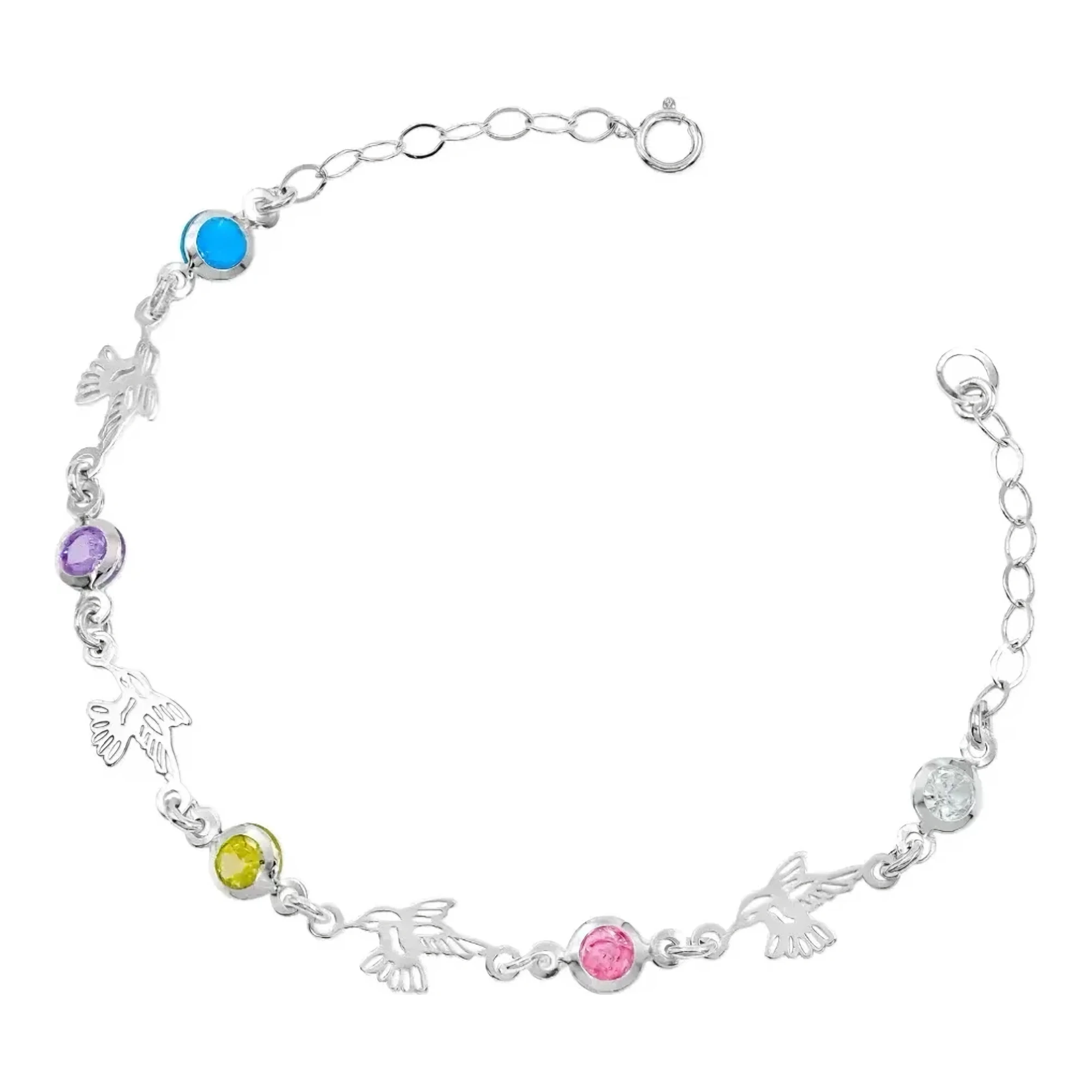 Pulsera de colibrí plata 925 con dije y gemas de circonia cúbica multicolor acabado liso y broche reasa joyería para mujer