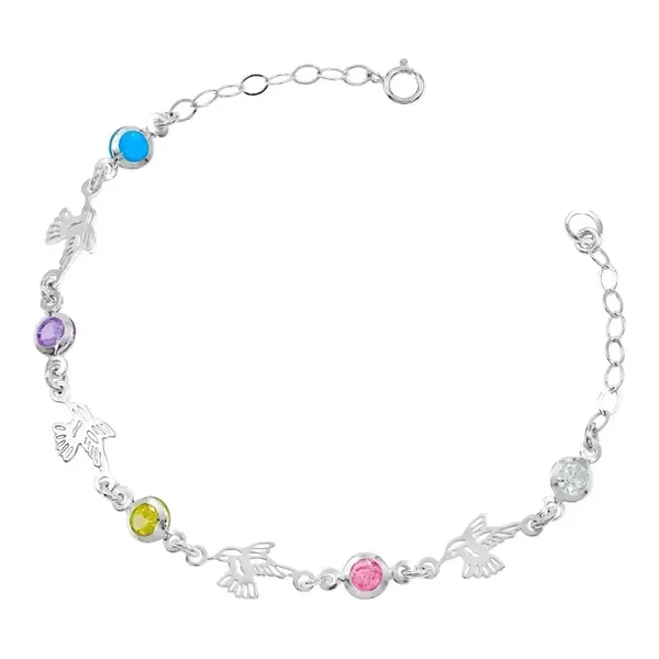 Pulsera Plata 925 Colibríes Zirconia Multicolor Ajustable - Imagen 1