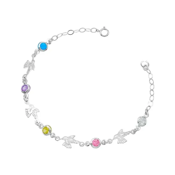 Pulsera Plata 925 Colibríes Zirconia Multicolor Ajustable - Imagen 1